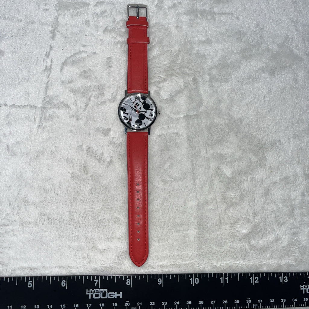 Disney Mickey Mouse Watch Roman Numeral Red Band Unisex Silver Round Leather