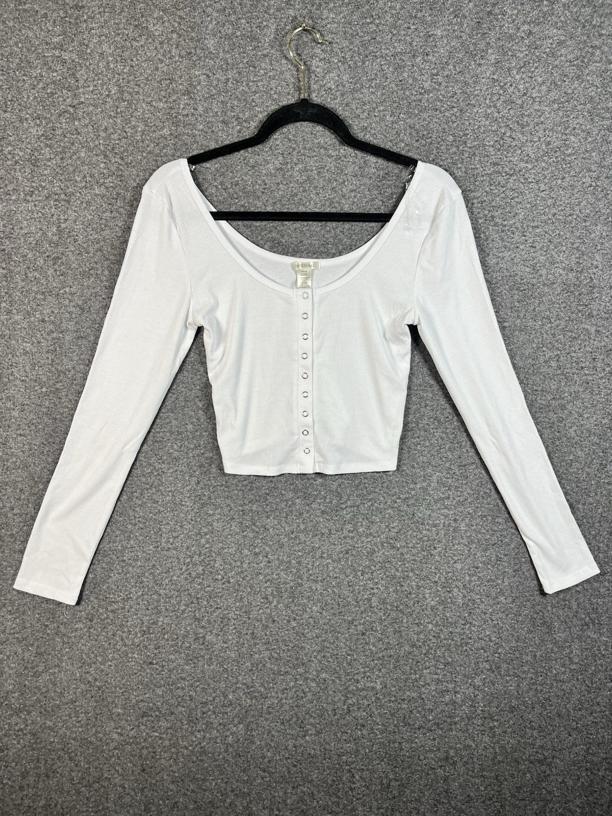 Bozzolo white long-sleeve ribbed crop top button-down front L Off Shoulder 