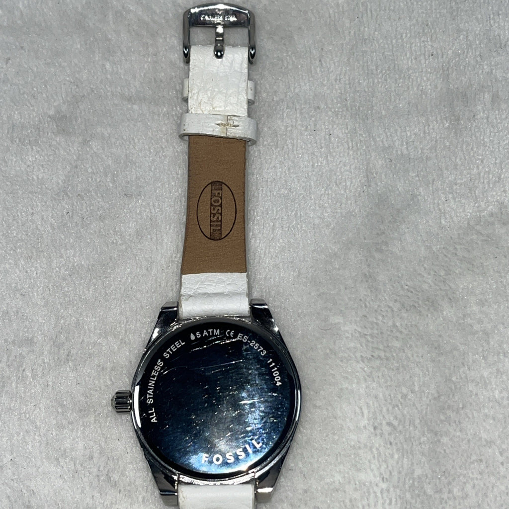 Ladies FOSSIL Starburst Dial, All Stainless Steel Watch, White Leather, ES2573