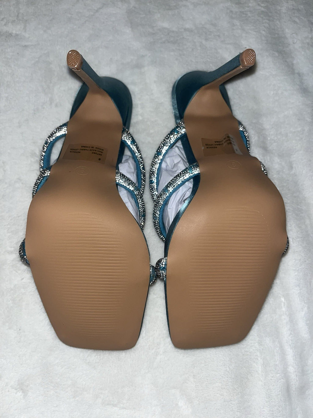 Fashion Nova Rhinestone Crystal Strappy Slip On High Heel Sandals Blue 8 Womens 