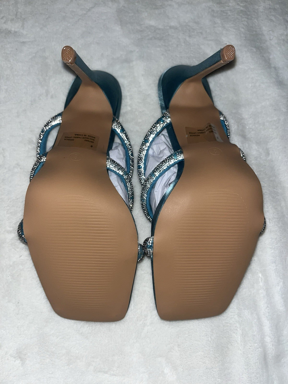 Fashion Nova Rhinestone Crystal Strappy Slip On High Heel Sandals Blue 8 Womens 