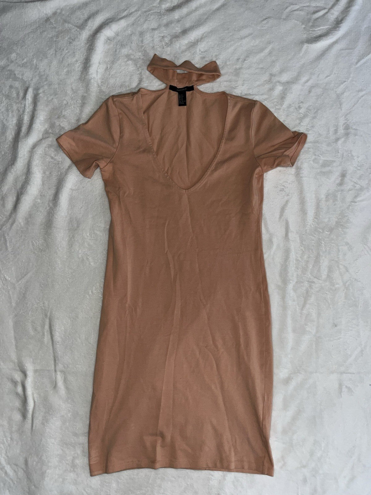Forever 21 Bodycon Dress Small Tan Cotton Neck Band Short Sleeve Round Neck 
