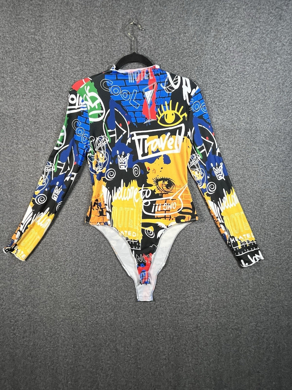 SHEIN women's graffiti print mock neck bodysuit Size Large Button Closure 