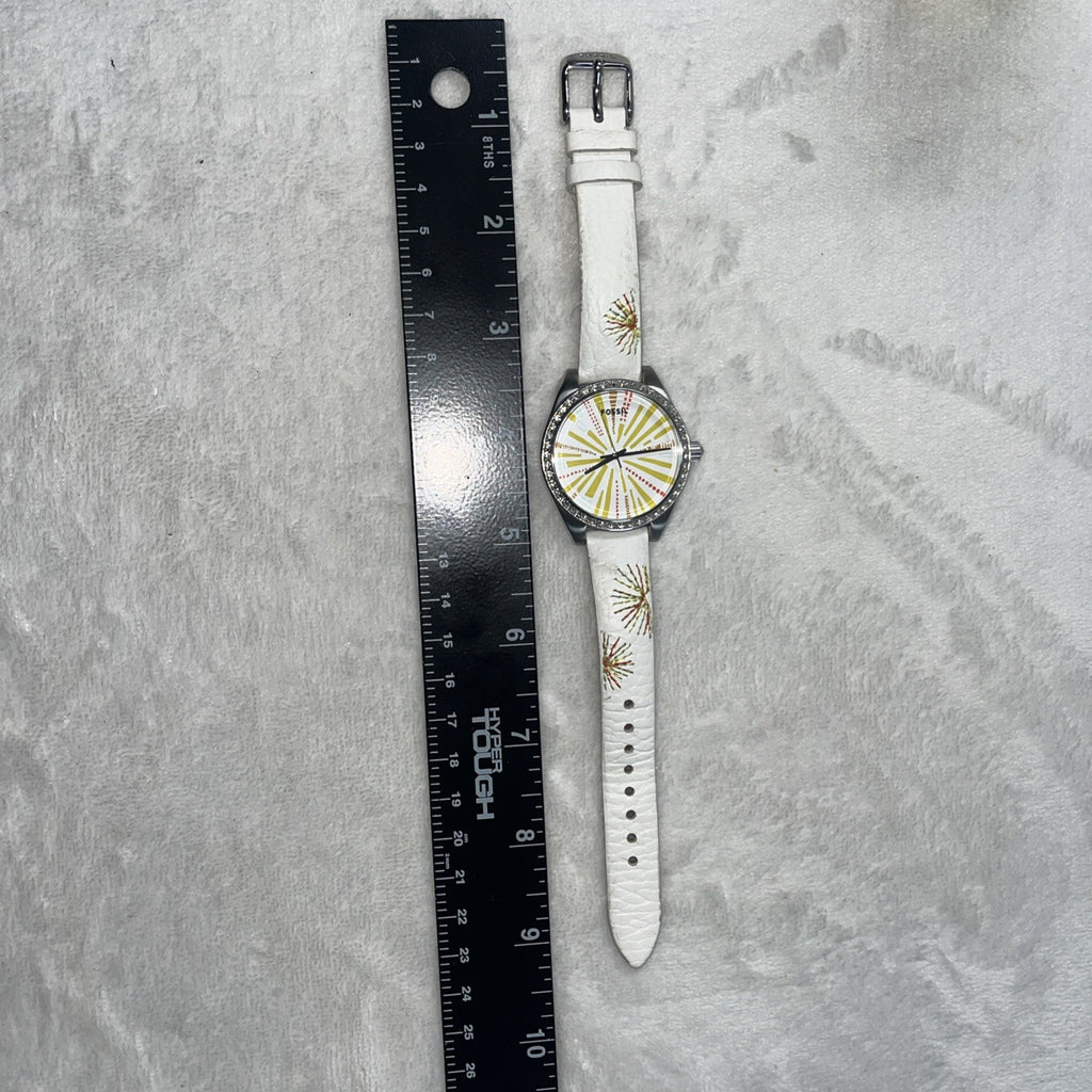 Ladies FOSSIL Starburst Dial, All Stainless Steel Watch, White Leather, ES2573