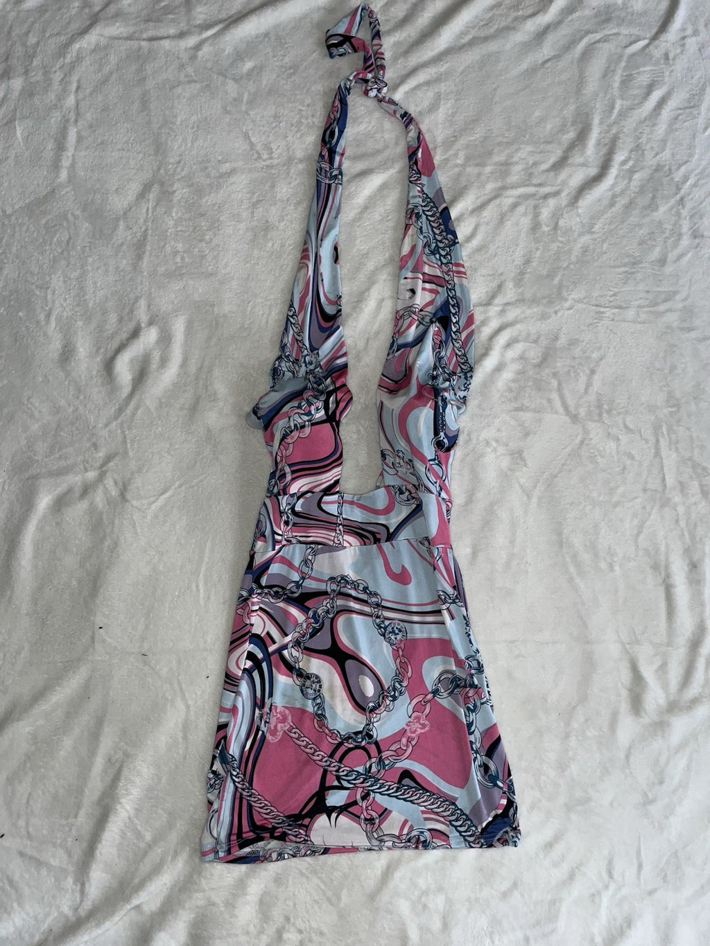 Womens Halter Tie neck Dress Chain Designs Pink Blue Small Knee Length Open Back