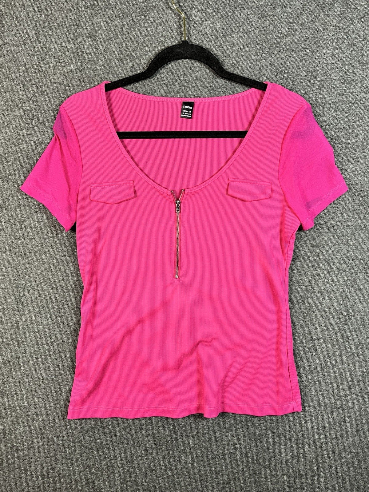 SHEIN Women’s Blouse Short Sleeve Pink Large Pull On Pockets Zipper