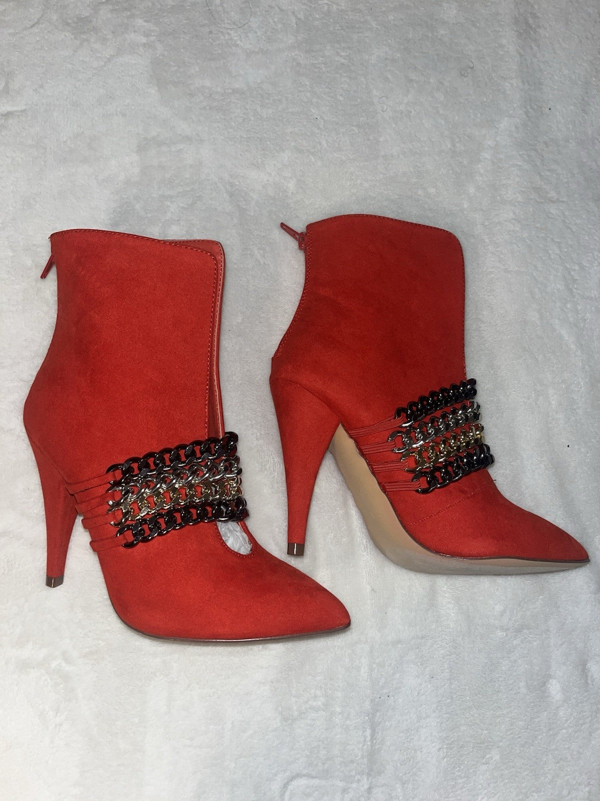 Red Pointed Heels Gold Black Chains Slip Ons Suede Size 6 Womens 