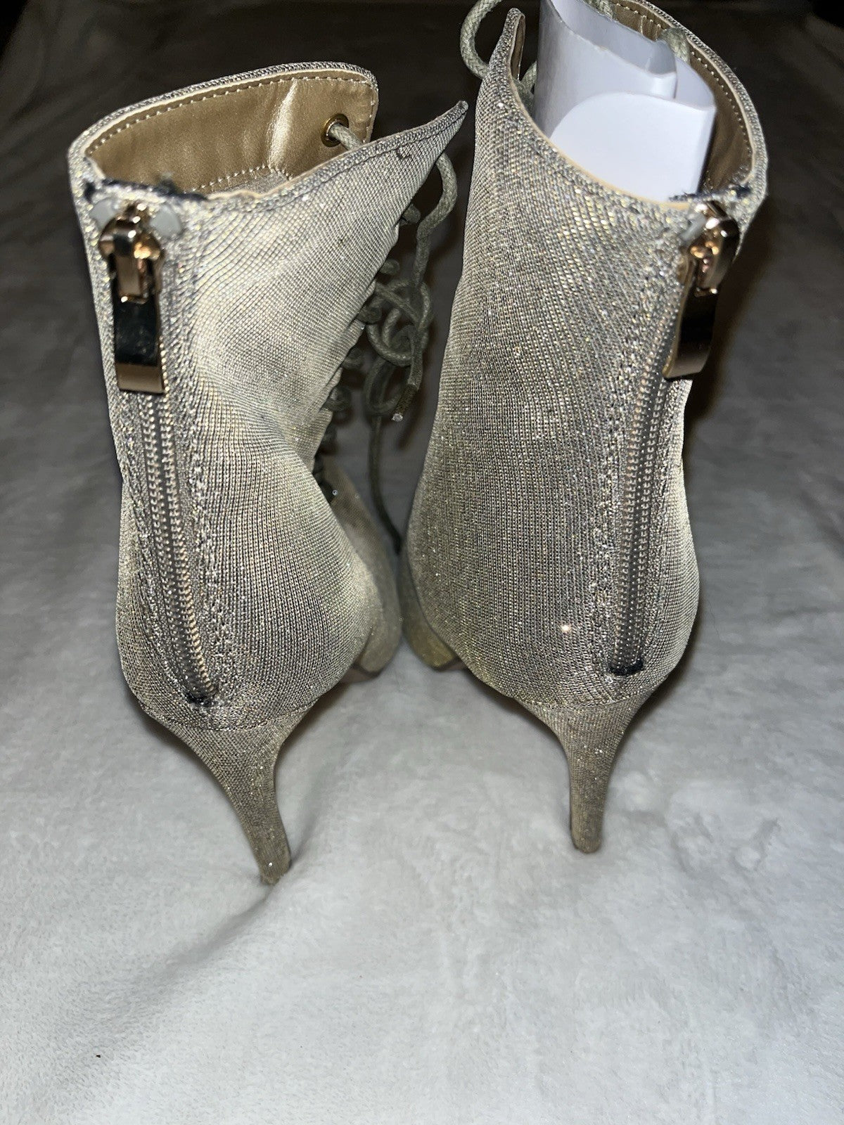 NEW Shoe Dazzle Gold/Silver sparkle booties High Stiletto Heel Lace Up Size 7.5