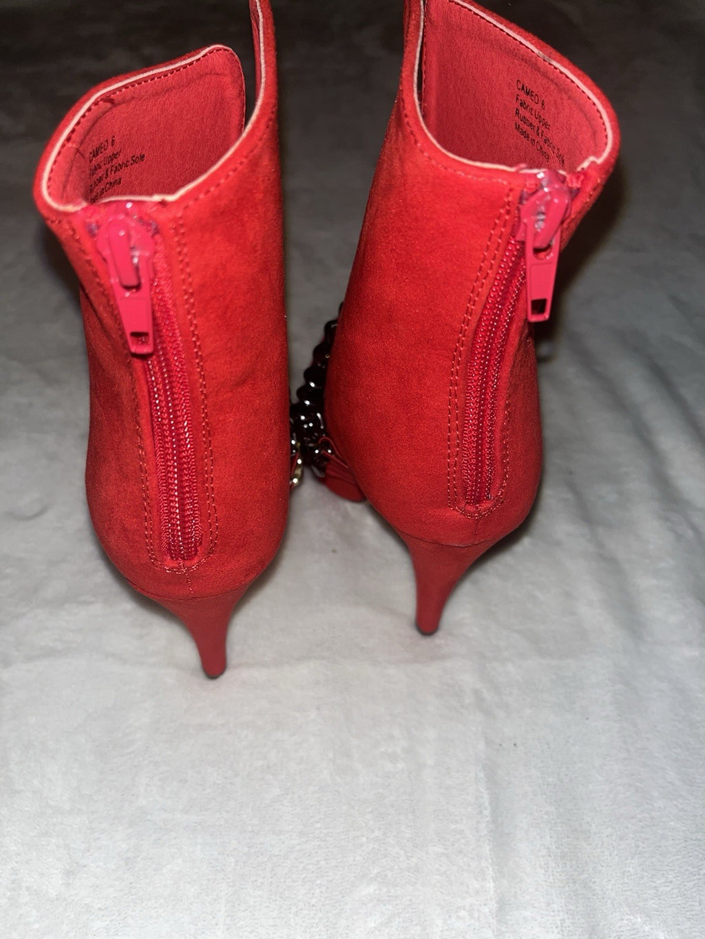 Red Pointed Heels Gold Black Chains Slip Ons Suede Size 6 Womens 