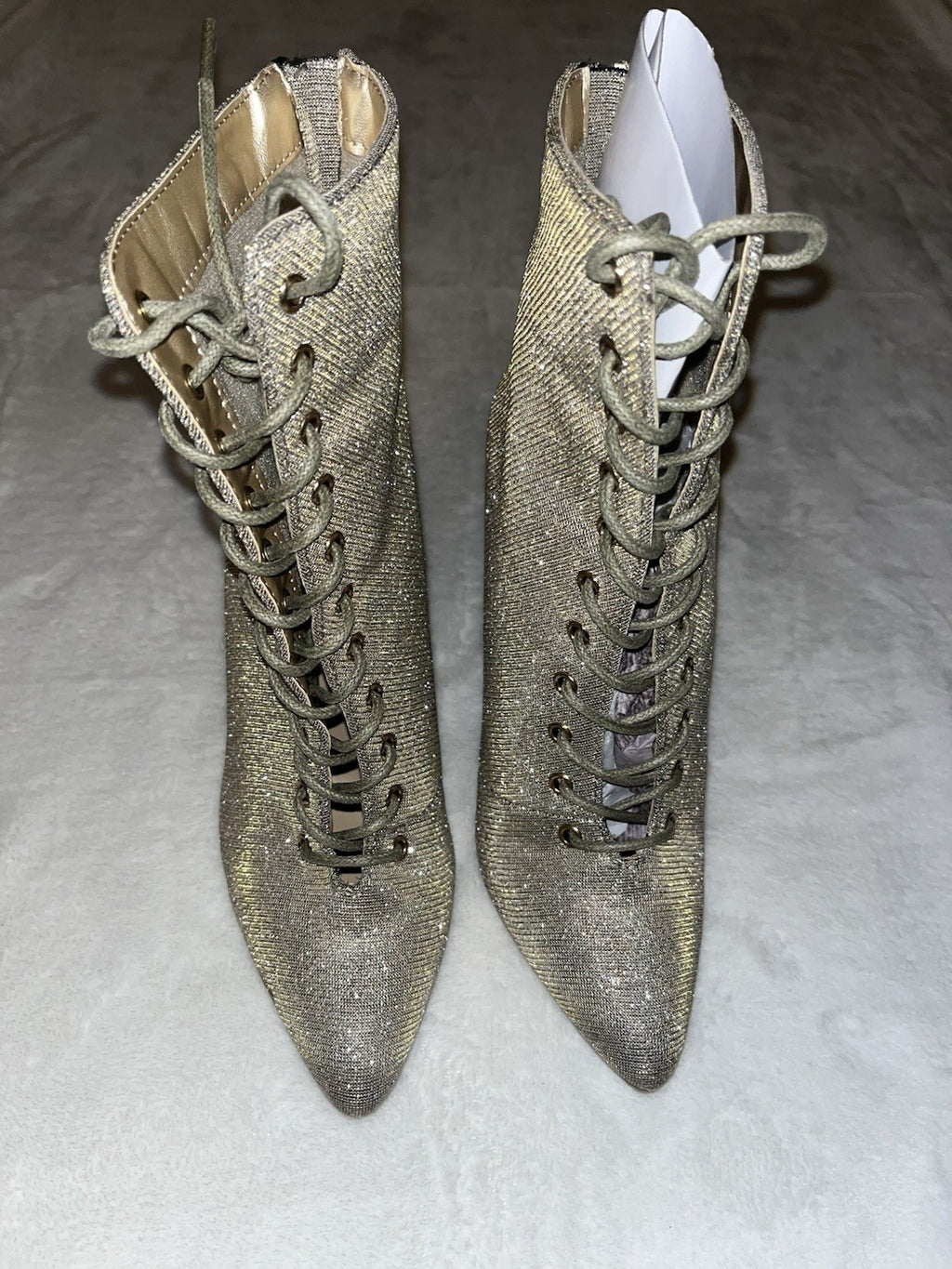 NEW Shoe Dazzle Gold/Silver sparkle booties High Stiletto Heel Lace Up Size 7.5