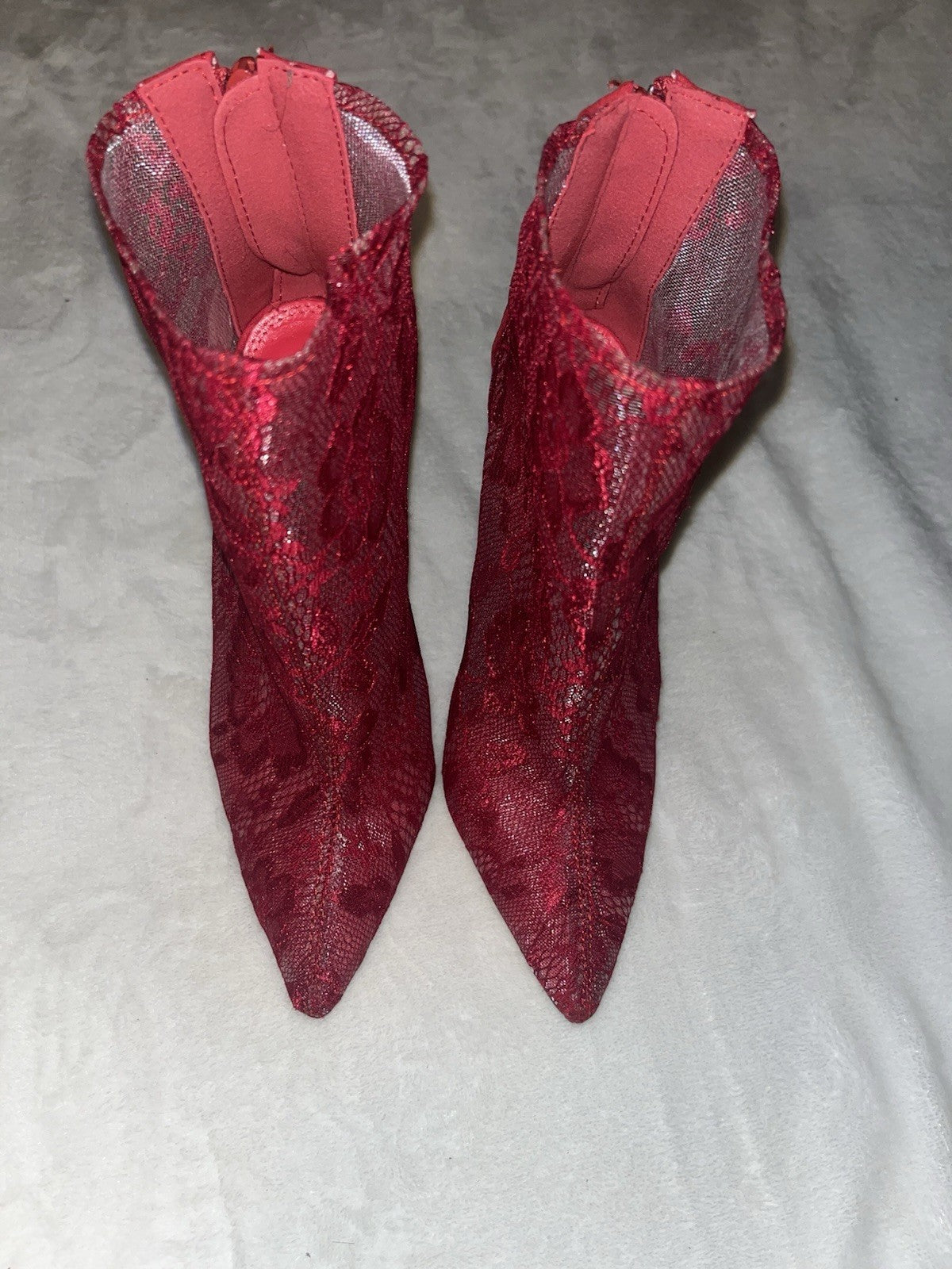 Fashion Nova Red JAYC Lace Ankle Bootie Stiletto Heel Womens Size 6 