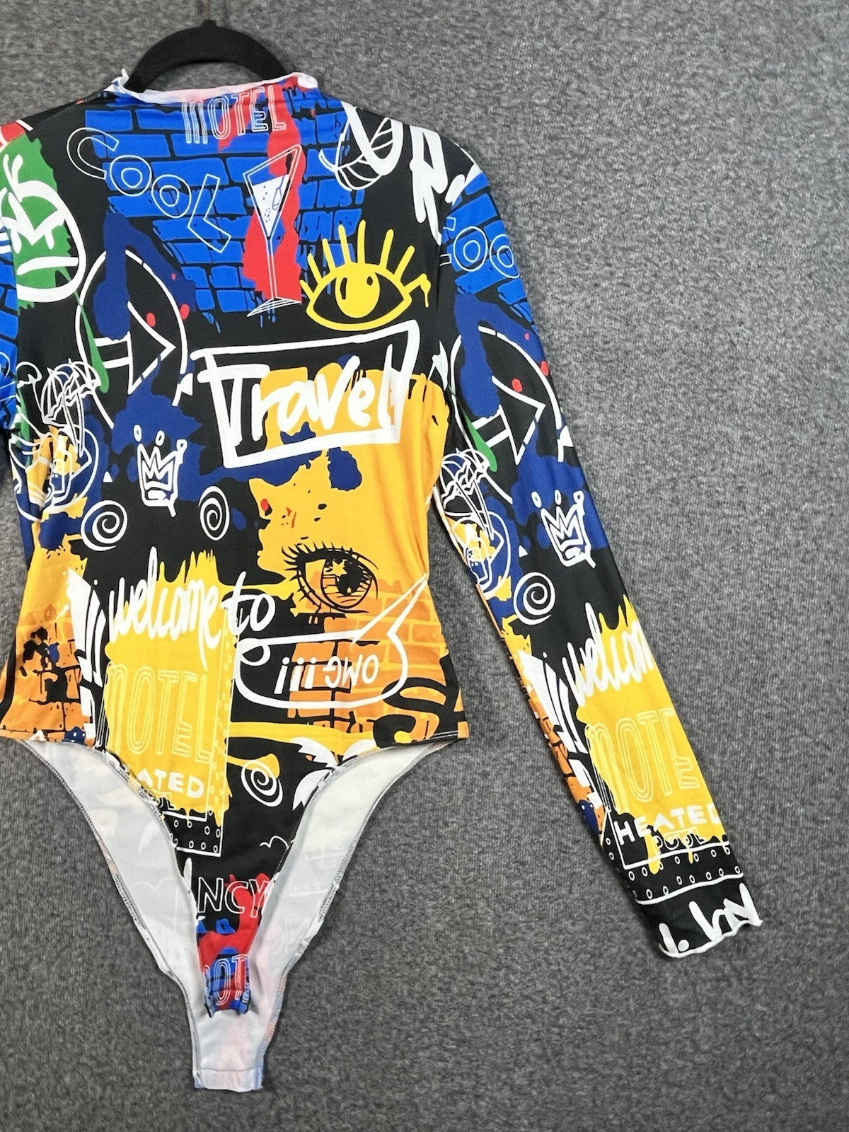 SHEIN women's graffiti print mock neck bodysuit Size Large Button Closure 