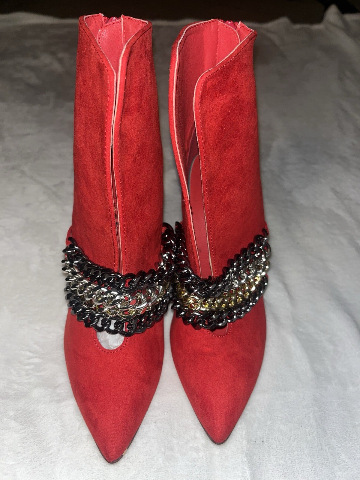 Red Pointed Heels Gold Black Chains Slip Ons Suede Size 6 Womens 