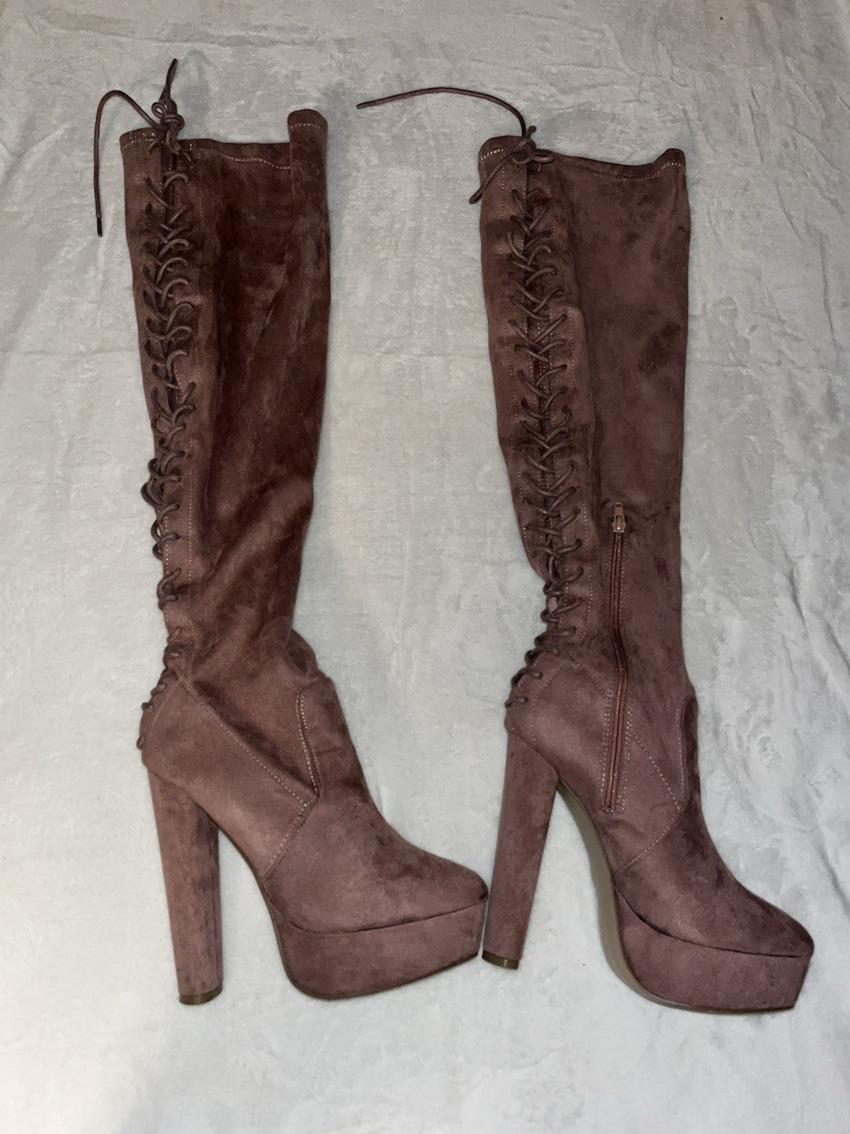 Rose Pink Faux Suede Over the knee Platform Boots Lace Back Size 8