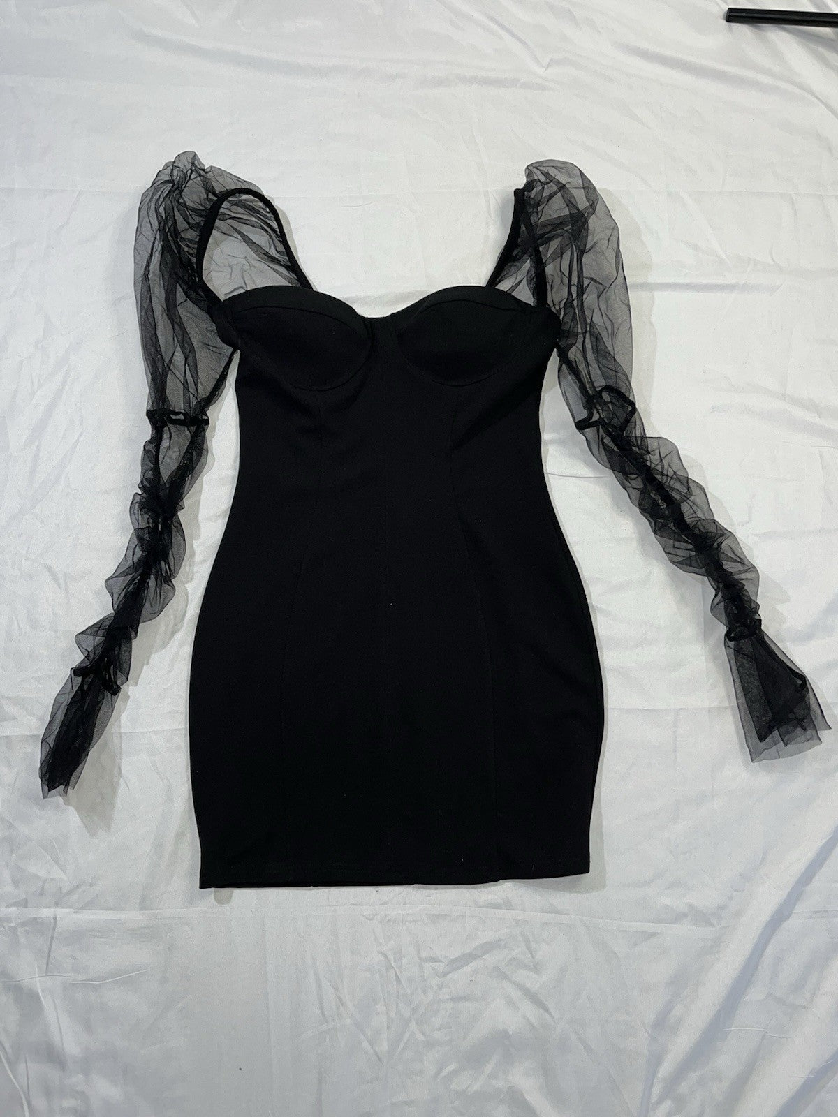 Haute Monde Sz M Bustier Black Bodycon Mini Dress Sheer Sleeves Goth Steampunk