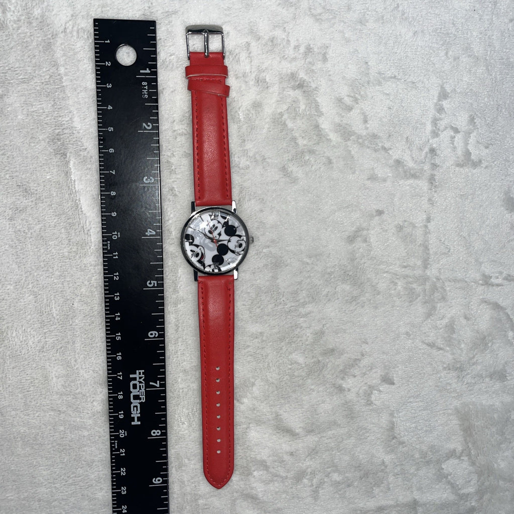 Disney Mickey Mouse Watch Roman Numeral Red Band Unisex Silver Round Leather