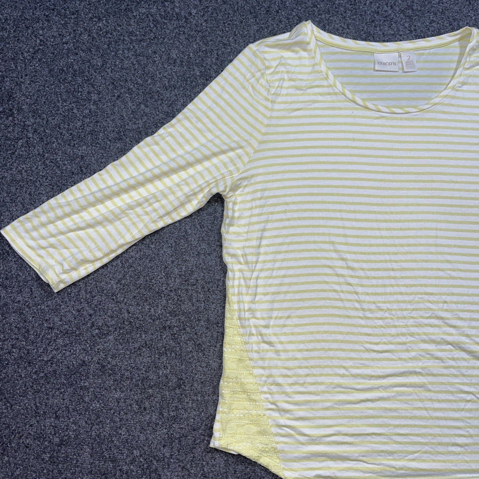 Chico’s Women’s Shirt  Size 2 Yellow Sheer Striped 3/4 Sleeve