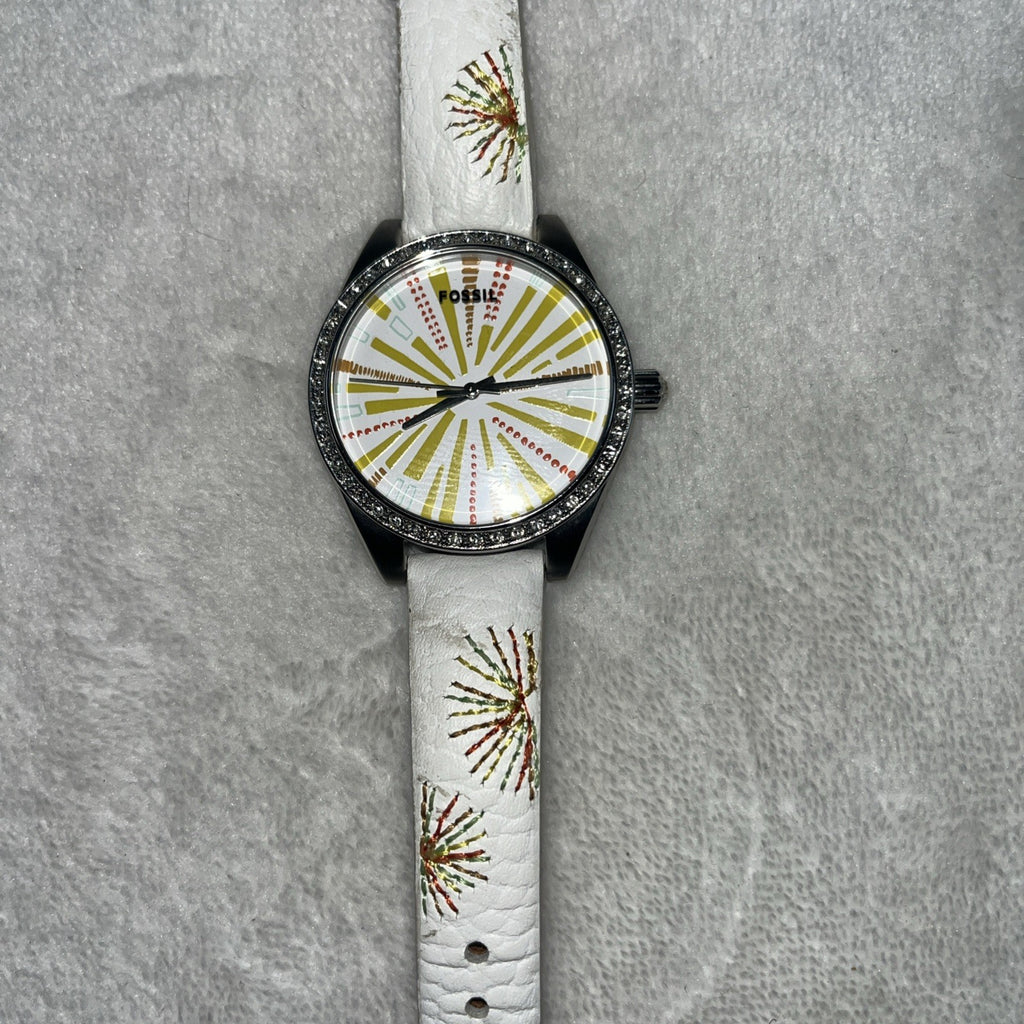 Ladies FOSSIL Starburst Dial, All Stainless Steel Watch, White Leather, ES2573