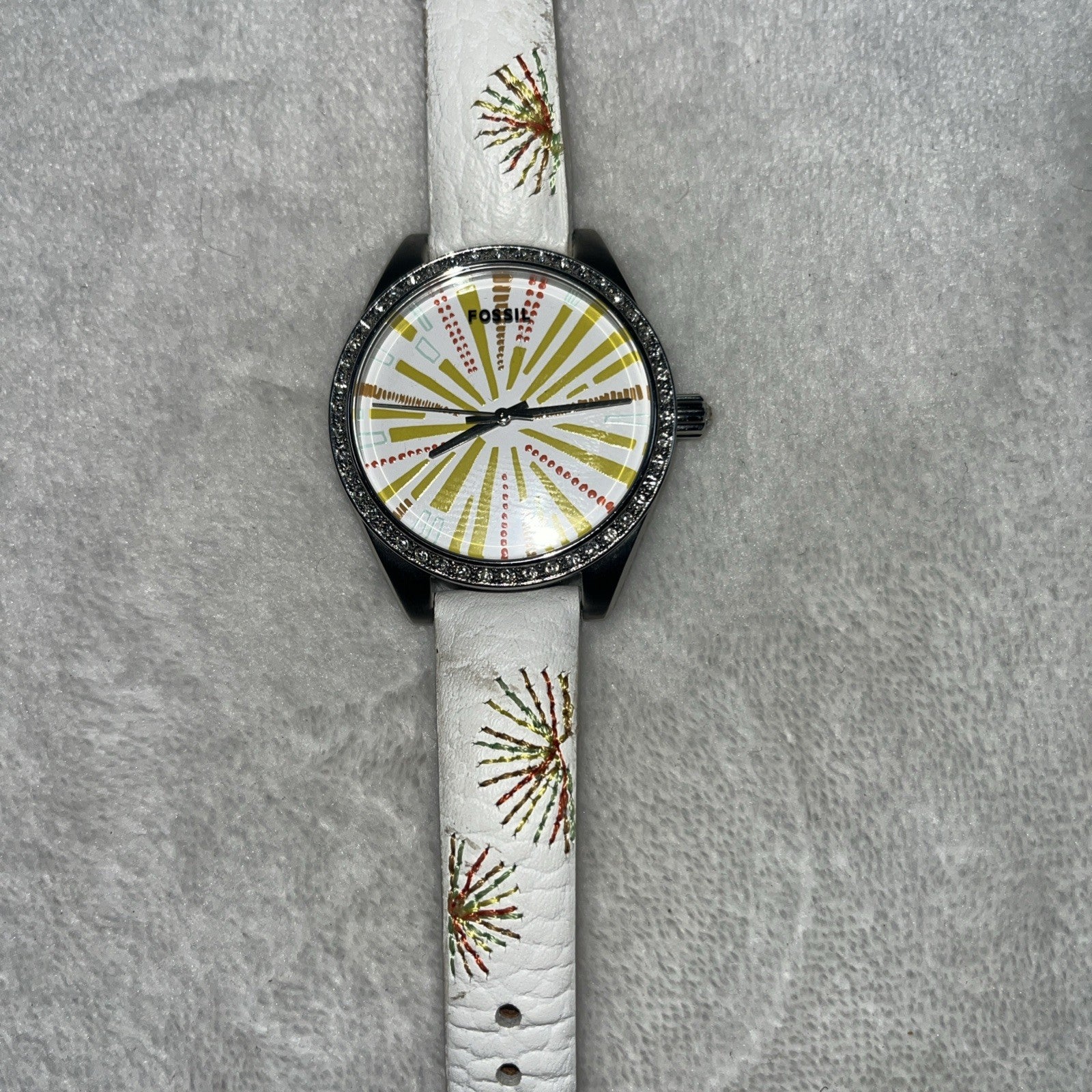 Ladies FOSSIL Starburst Dial, All Stainless Steel Watch, White Leather, ES2573