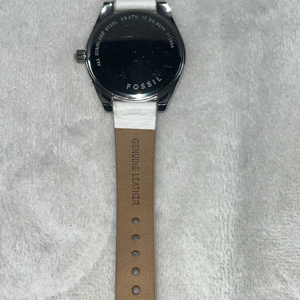 Ladies FOSSIL Starburst Dial, All Stainless Steel Watch, White Leather, ES2573