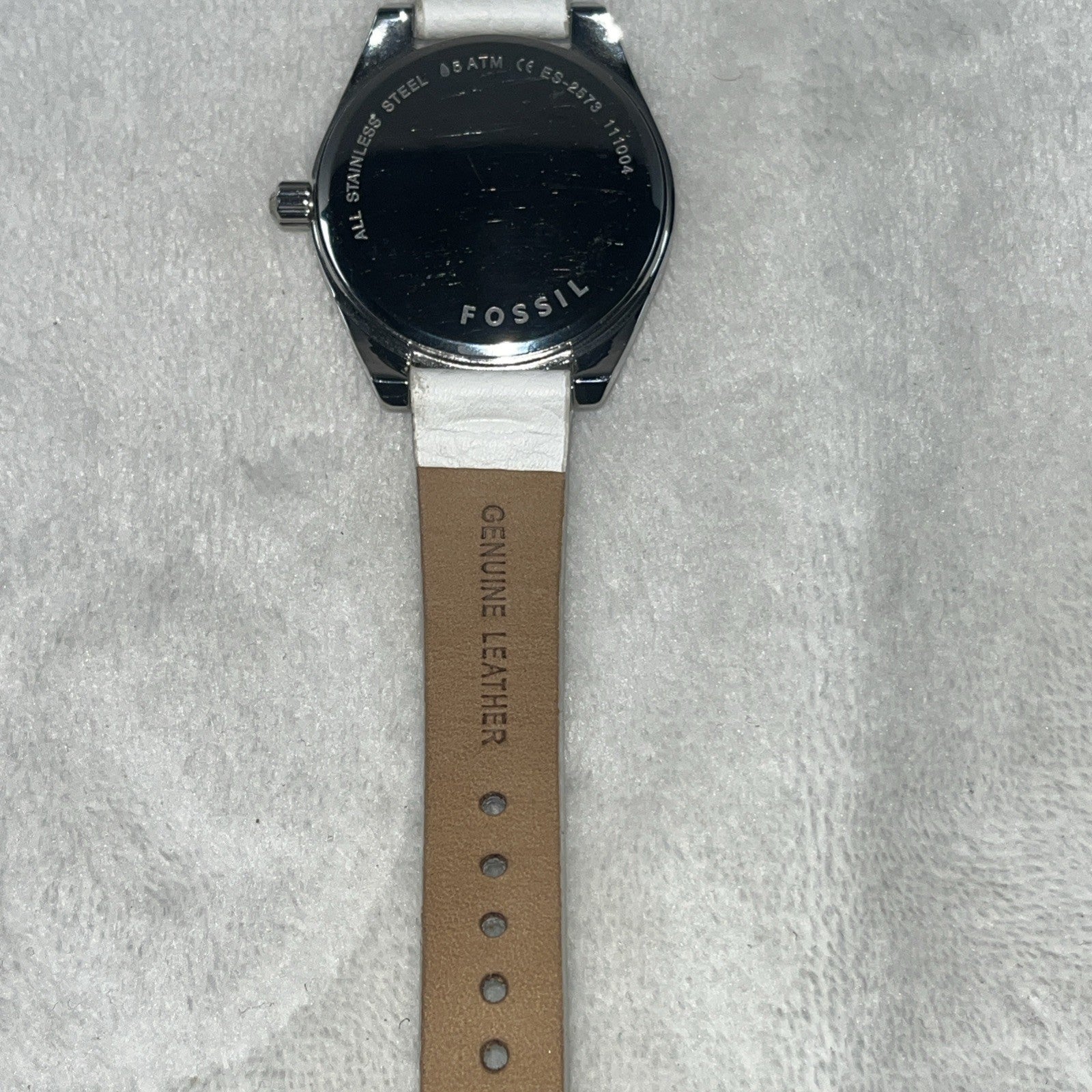 Ladies FOSSIL Starburst Dial, All Stainless Steel Watch, White Leather, ES2573