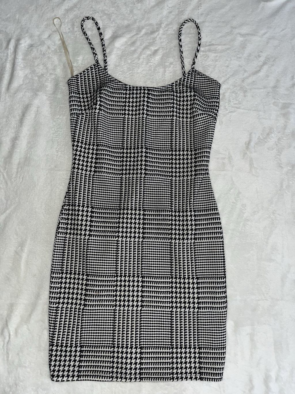 Houndstooth Mini Dress Black&White 95% Polyester 5% Spandex Spaghetti Straps USA