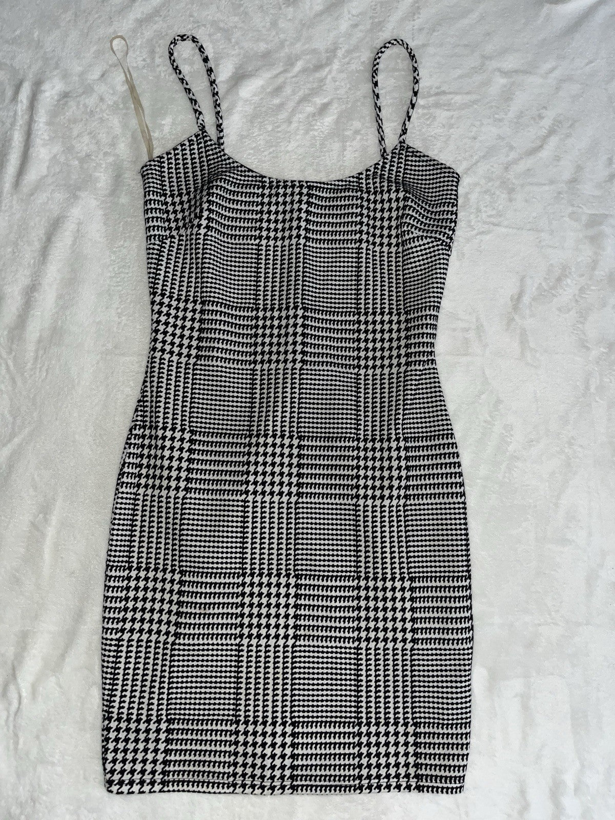Houndstooth Mini Dress Black&White 95% Polyester 5% Spandex Spaghetti Straps USA