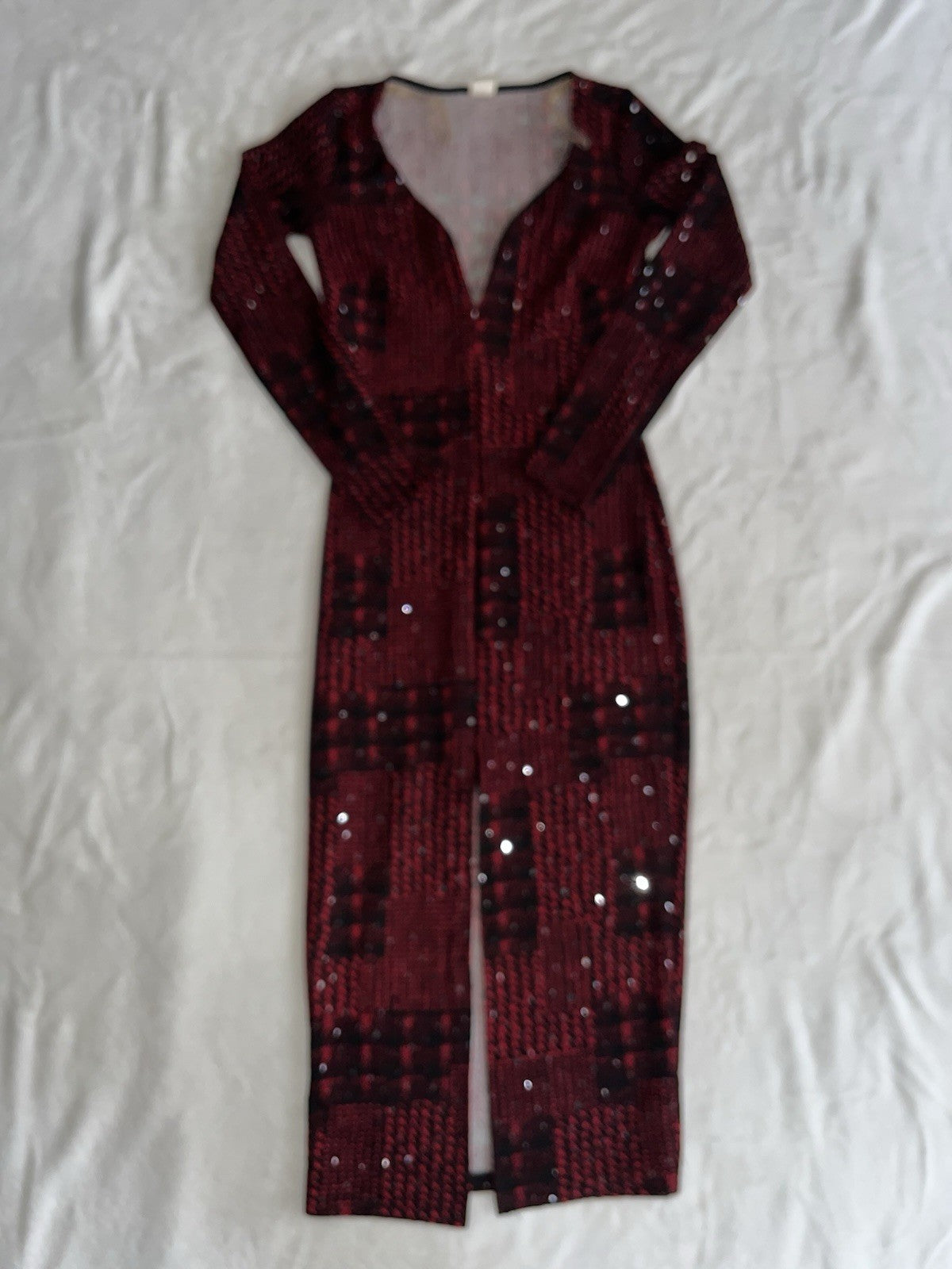 Monaco Dress Red Black Houndstooth Long Sleeve Collarless V Neck Sparkly Medium 