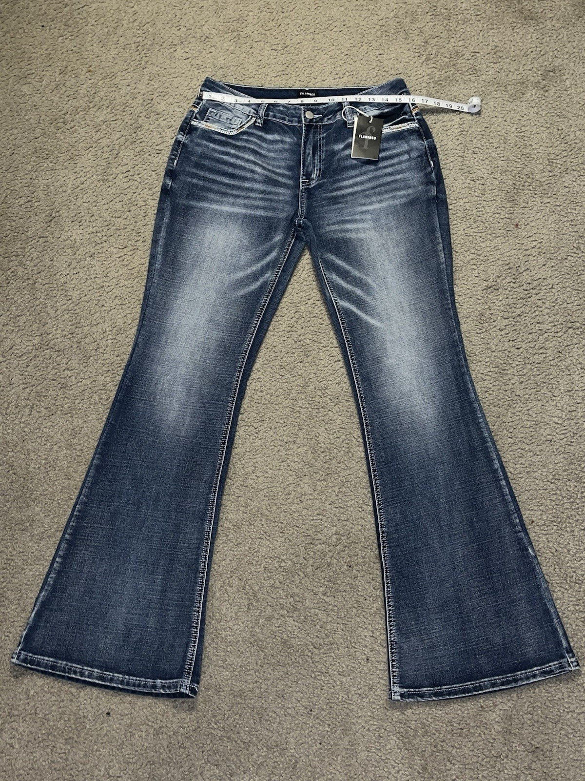 Flamingal Jeans Women’s Denim Faded Knee Bell Bottom Size L