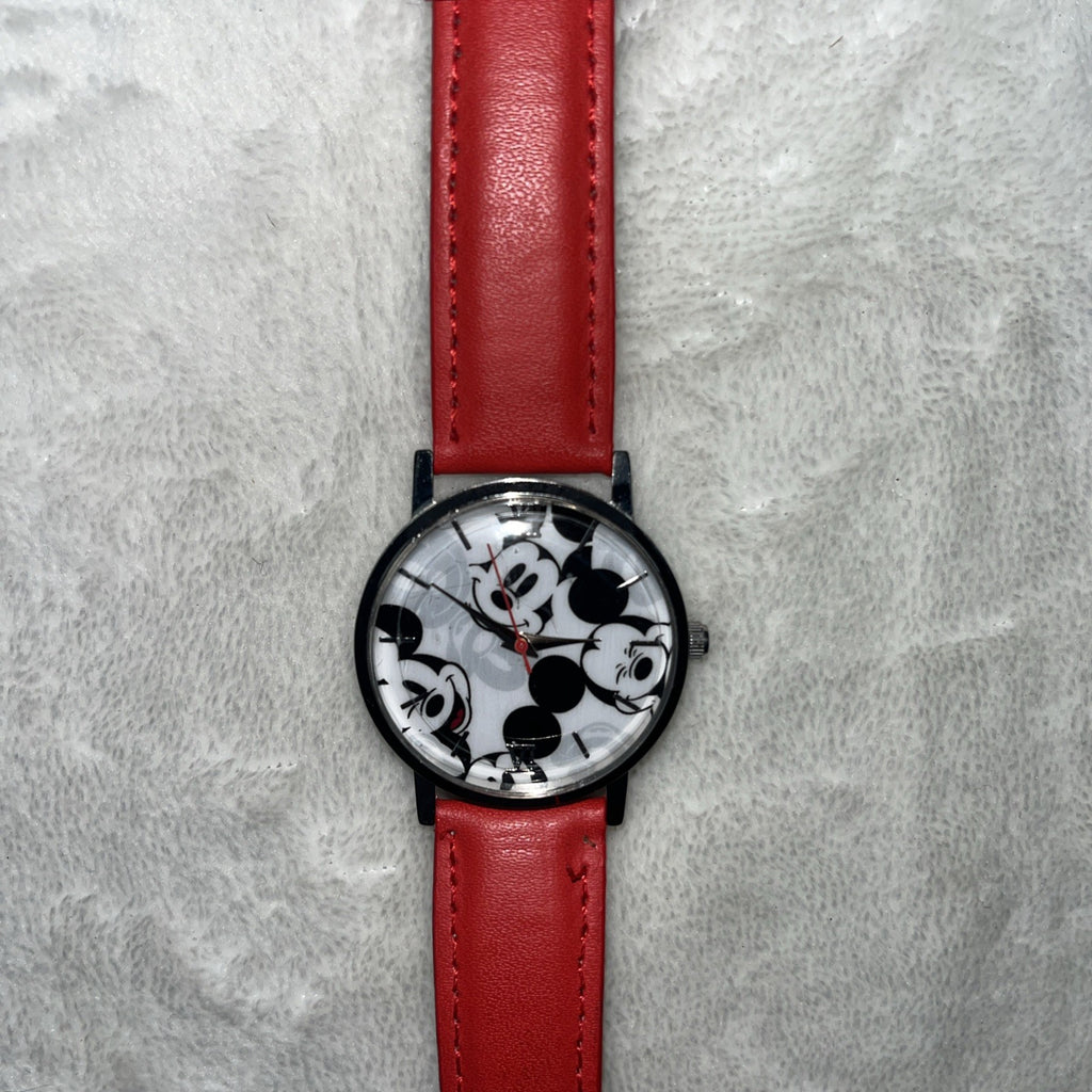 Disney Mickey Mouse Watch Roman Numeral Red Band Unisex Silver Round Leather