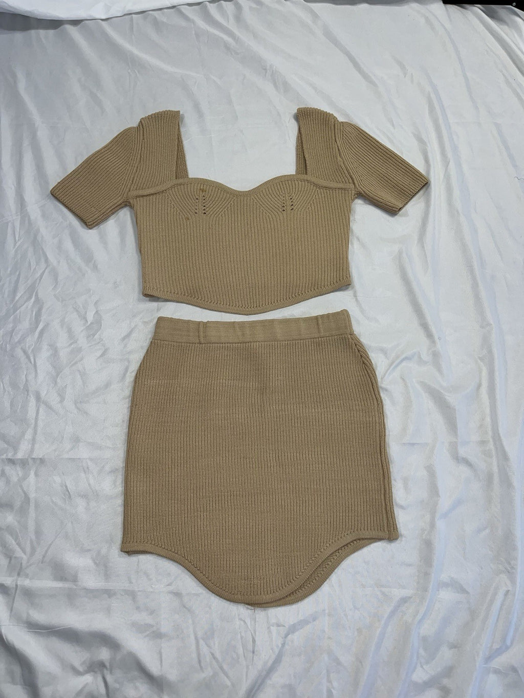 🆕Very Sexy Coffee Brown Tan Knit Crop Top & Mini Skirt Two Piece Set~Size M