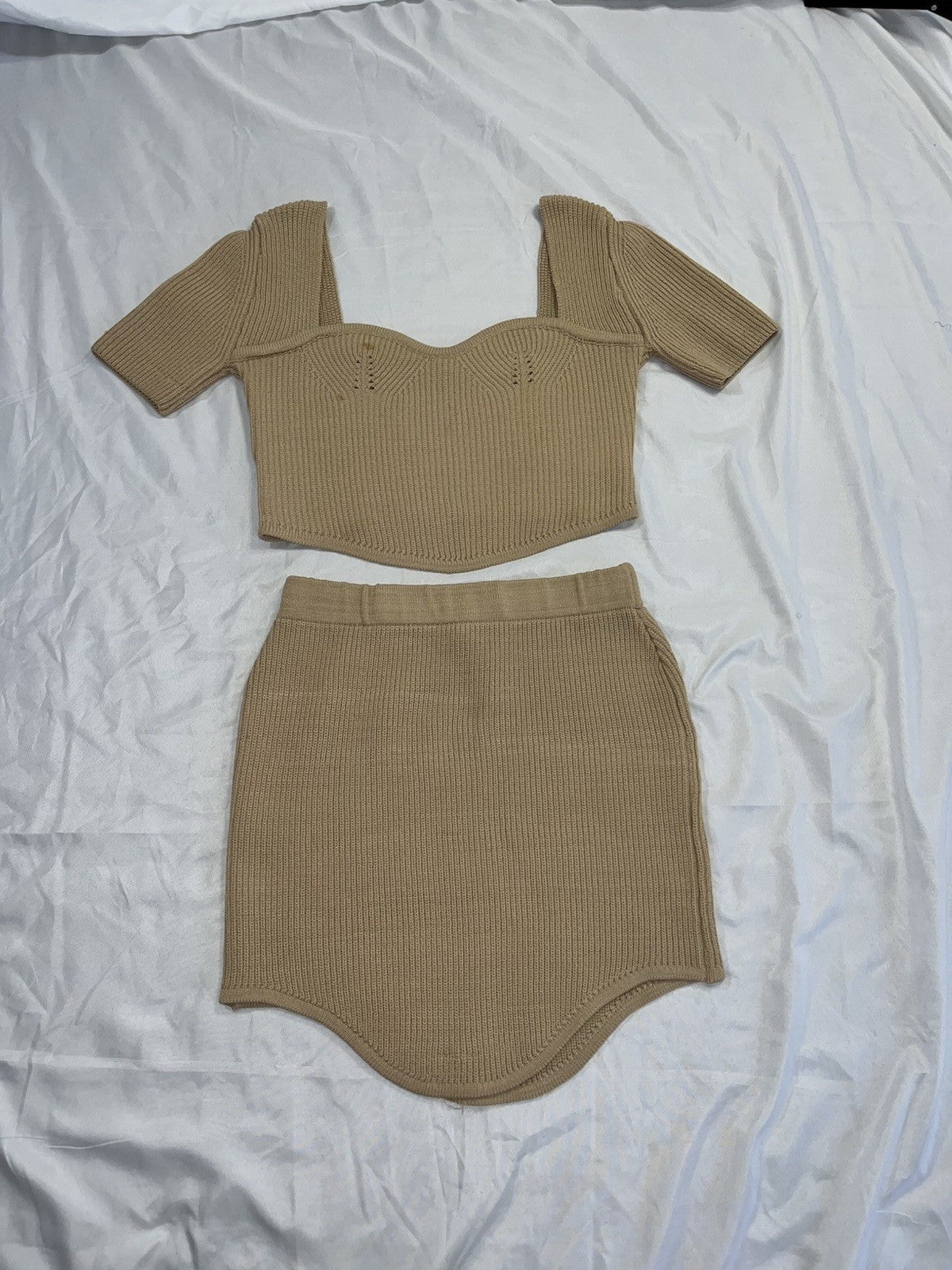 🆕Very Sexy Coffee Brown Tan Knit Crop Top & Mini Skirt Two Piece Set~Size M