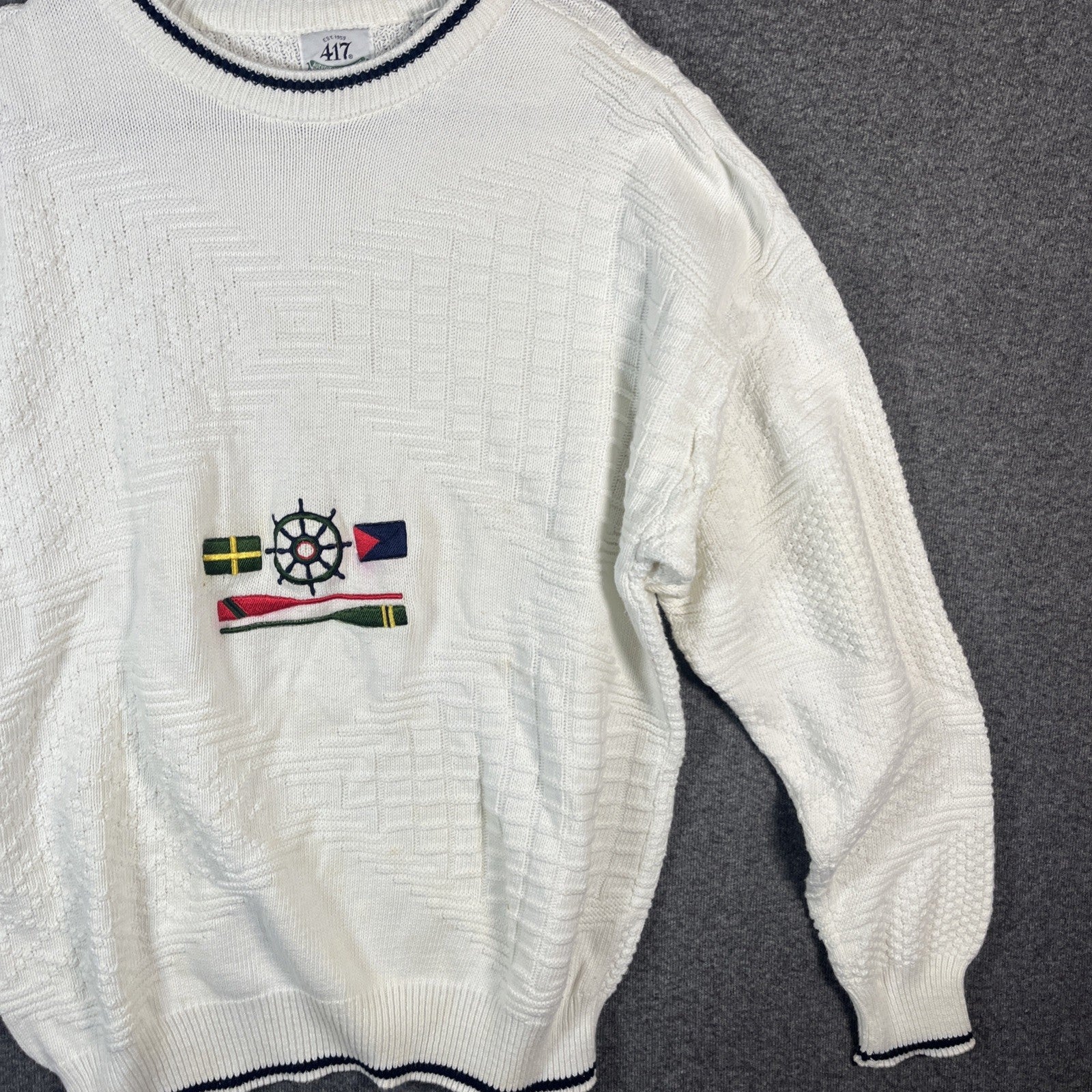 vintage nautical sweaters mens White long sleeve knitted crew neck extra large 