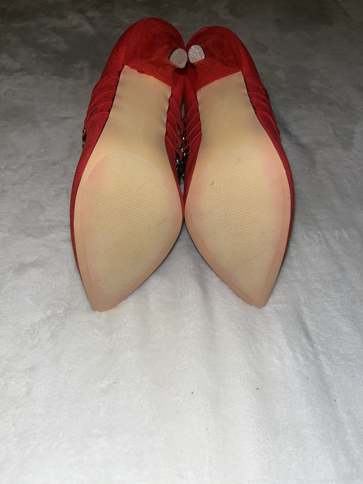 Red Pointed Heels Gold Black Chains Slip Ons Suede Size 6 Womens 