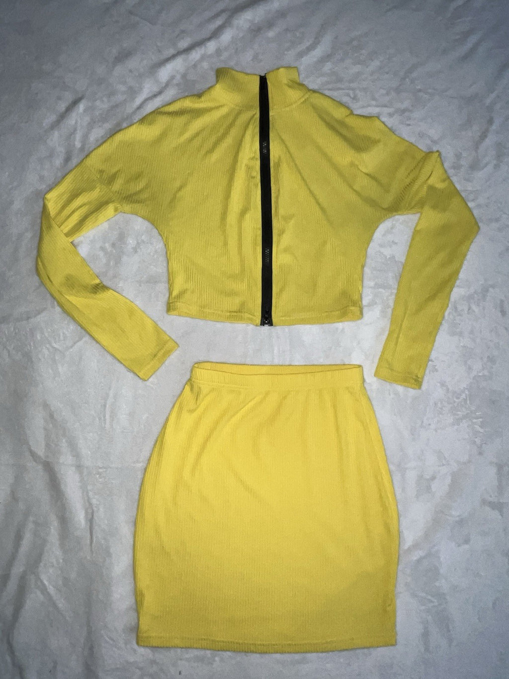 Women’s 2 Piece Skirt Set Long Sleeve Zip Up Shirt Short Skirt Yellow Small 