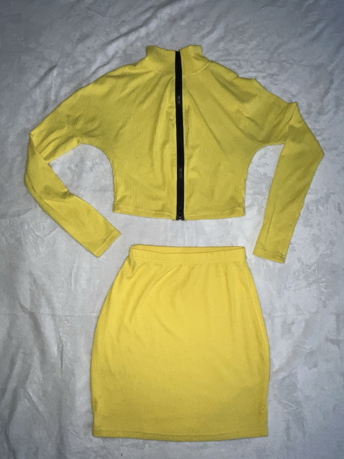 Women’s 2 Piece Skirt Set Long Sleeve Zip Up Shirt Short Skirt Yellow Small 